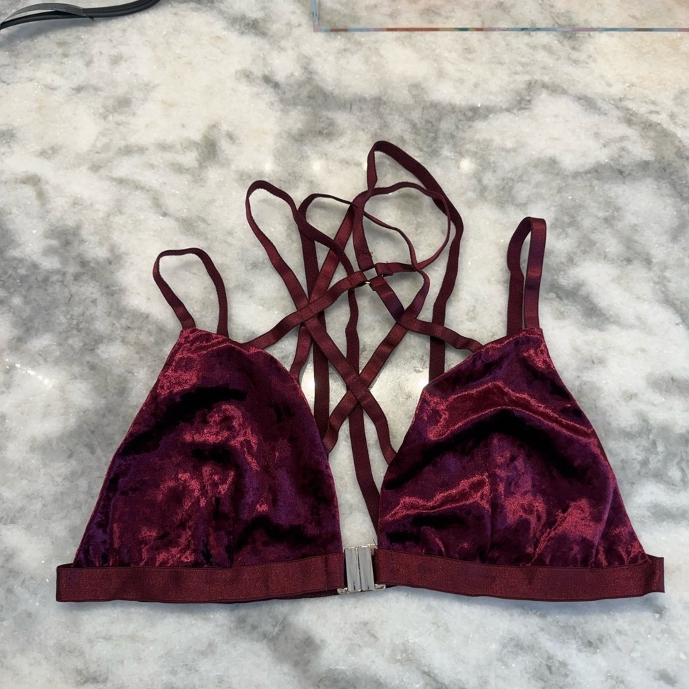 BNWOT Burgundy Velvet Strappy Back Bralette Size L | Festival Boho Layering Top